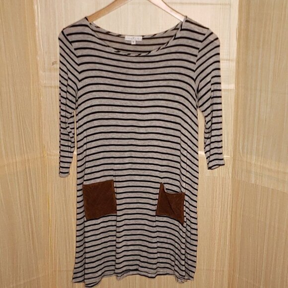 Moa Moa Womens Grey Black Striped Dress With Faux Suede Pockets Medium - Picture 1 of 5